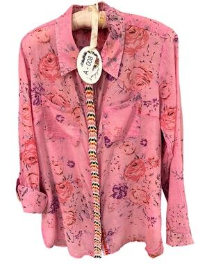 Pink Floral Long-Sleeve Blouse w/Epaulettes